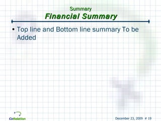 Summary Financial Summary Top line and Bottom line summary To be Added 