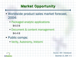Market Opportunity Worldwide product sales market forecast, 2004: Packaged analytic applications $4.0 B Document & content management $4.4 B Public comps: Verity, Autonomy, Inktomi Source:  IDC + DataQuest 