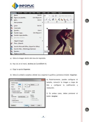 4
a) Ubica la imagen dentro del área de impresión.
b) Haz clic en el menú Archivo de CorelDRAW X4.
c) Elige la opción Exportar.
d) Ubica la unidad o carpeta a dónde vas a exportar tu gráfico y presiona el botón Exportar.
e) Posteriormente, puedes configurar el
tamaño, convertir la imagen a mapa de
bits y configurar la codificación y
resolución.
f) En ambos casos, debes presionar el
botón Aceptar.
 