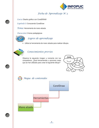 1
Ficha de Aprendizaje N° 3
Curso: Diseño gráfico con CorelDRAW
Capítulo I: Conociendo CorelDraw
Tema: Herramienta de mano alzada
Duración: 2 horas pedagógicas
x Utiliza la herramienta de mano alzada para realizar dibujos.
Observa la siguiente imagen y comenta con tus
compañeros: ¿Qué herramientas u opciones crees
que se han utilizado para crear el siguiente dibujo?
CorelDraw
Herramientas
Mano alzada
Logros de aprendizaje
Conocimientos previos
Mapa de contenidos
 