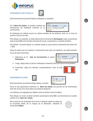 2
HERRAMIENTA RECTÁNGULO
Esta herramienta nos permite dibujar rectángulos y cuadrados.
En la Barra de estado, se pueden visualizar las
dimensiones del rectángulo conforme se va
construyendo.
El rectángulo por defecto asume los valores actuales de los atributos, tanto en su línea de
contorno como en el color.
Para dibujar un cuadrado, se debe seleccionar la herramienta Rectángulo; luego, presionando
tanto la tecla Ctrl como el botón principal del mouse, se generará un cuadrado perfecto.
Así también, se puede dibujar un cuadrado desde su punto central, presionando las teclas Ctrl
+ Shift.
Sigue los pasos que se muestran a continuación para crear una bandera y así poder practicar
el uso de esta herramienta:
1. Selecciona en la Caja de herramientas la opción
Rectángulo.
2. Luego, dibuja cada uno de los rectángulos necesarios para dar la forma de la bandera.
3. Finalmente, aplica los atributos correspondientes como el color
rojo.
HERRAMIENTA ELIPSE
Esta herramienta nos permite dibujar elipses y círculos.
Como en las operaciones anteriores, la Barra de estado nos permite ver las dimensiones
tanto del círculo como de la elipse que estamos dibujando.
Los atributos son asignados por defecto, tanto el contorno como el relleno.
Para dibujar un círculo, se debe mantener presionada la tecla Ctrl. Las dimensiones se pueden
verificar en la Barra de estado.
Para continuar con el ejemplo de la Ficha 4, dibuja la pelota de vóley que
se encuentra dentro de la insignia de la federación, utilizando la
herramienta Elipse.
 