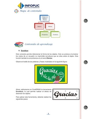 2
A. Envoltura
Este comando permite distorsionar la forma de los objetos. Esto se produce al arrastrar
los nodos de un recuadro no imprimible (envoltura) que se sitúa sobre el objeto. Esta
función también la encontramos en el menú Efectos.
Observa el estilo de las palabras y frases mostradas en la siguiente figura:
Ahora, aplicaremos en CorelDRAW la herramienta
Envoltura, la cual permite realizar el efecto de
distorsión de objetos.
Para aplicar esta herramienta, deberás realizar los
siguientes pasos:
Trabajo con
objetos y
Efectos
Objetos Efectos
Perspectiva Envoltura
Mapa de contenidos
Contenidos de aprendizaje
 