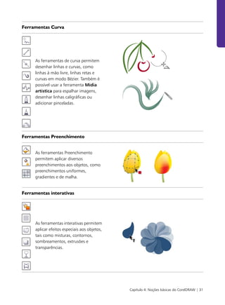 Capítulo 4: Noções básicas do CorelDRAW | 31
Ferramentas Curva
As ferramentas de curva permitem
desenhar linhas e curvas, como
linhas à mão livre, linhas retas e
curvas em modo Bézier. Também é
possível usar a ferramenta Mídia
artística para espalhar imagens,
desenhar linhas caligráficas ou
adicionar pinceladas.
Ferramentas Preenchimento
As ferramentas Preenchimento
permitem aplicar diversos
preenchimentos aos objetos, como
preenchimentos uniformes,
gradientes e de malha.
Ferramentas interativas
As ferramentas interativas permitem
aplicar efeitos especiais aos objetos,
tais como misturas, contornos,
sombreamentos, extrusões e
transparências.
 