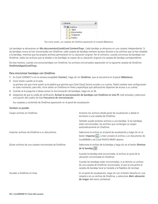 90 | CorelDRAW X7 Guía del usuario
Tras iniciar sesión, sus carpetas de OneDrive aparecerán en el panel Bibliotecas.
Las bandejas se almacenan en Mis documentosCorelCorel ContentTrays. Cada bandeja se almacena en una carpeta independiente. Si
las bandejas nunca se han sincronizado con OneDrive, cada carpeta de bandeja contiene accesos directos a los archivos que se han añadido
a la bandeja, mientras que los propios archivos permanecen en su ubicación original. Por el contrario, cuando sincroniza las bandejas con
OneDrive, todos los archivos que se añadan a las bandejas se copian de su ubicación original a la carpeta de bandeja correspondiente.
De esta manera, cuando sincroniza bandejas con OneDrive, los archivos sincronizados aparecerán en la siguiente carpeta de OneDrive:
OneDriveAppsCorelTrays.
Para sincronizar bandejas con OneDrive
1 En Corel CONNECT o en la ventana acoplable Connect, haga clic en OneDrive, que se encuentra en el panel Bibliotecas.
2 Inicie sesión cuando se le pida.
La primera vez que inicie sesión se le pedirá que permita que Corel Cloud Service acceda a su cuenta. Podrá cambiar esta configuración
en todo momento; para ello, inicie sesión en OneDrive en línea y especifique qué aplicaciones disponen de acceso a su cuenta.
3 Cuando se le pregunte si desea activar la sincronización de bandejas, haga clic en Sí.
4 Asegúrese de que la casilla de verificación Activar la sincronización de bandejas con OneDrive en este PC esté activada y seleccione
una opción del cuadro de lista Frecuencia de sincronización.
Sus carpetas y contenido de OneDrive aparecerán en el panel de visualización.
 
También es posible  
Cargar archivos en OneDrive Arrastrar los archivos desde panel de visualización o desde el
escritorio a una carpeta de OneDrive.
También puede arrastrar archivos a una bandeja. Si las bandejas
están sincronizadas, los archivos que contengan se cargan
automáticamente en OneDrive.
Importar archivos de OneDrive a su documento. Seleccione el archivo en el panel de visualización y haga clic en el
botón Importar , o bien arrastre el archivo a un documento de
CorelDRAW o de Corel PHOTO-PAINT abierto.
Quitar archivos de una carpeta sincronizada de OneDrive. Seleccione el archivo de la bandeja y haga clic en el botón Eliminar
de la bandeja .
Cuando la bandeja está sincronizada, el archivo se quita de la
ubicación sincronizada en OneDrive.
Cuando las bandejas están sincronizadas, si se elimina un archivo
de una carpeta de OneDrive sincronizada, el que se encuentra la
carpeta de bandeja local se traslada a la Papelera de reciclaje.
Acceder a OneDrive en línea En el panel de visualización, haga clic con el botón derecho en una
carpeta o en un archivo de OneDrive, y seleccione Abrir ubicación
de origen del menú contextual.
 