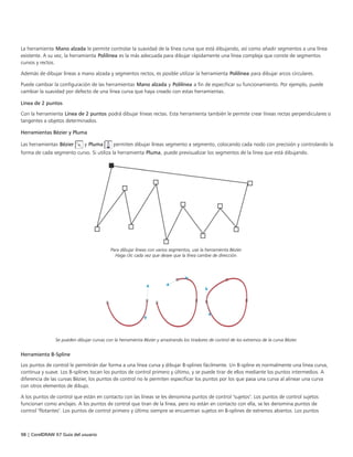 98 | CorelDRAW X7 Guía del usuario
La herramienta Mano alzada le permite controlar la suavidad de la línea curva que está dibujando, así como añadir segmentos a una línea
existente. A su vez, la herramienta Polilínea es la más adecuada para dibujar rápidamente una línea compleja que conste de segmentos
curvos y rectos.
Además de dibujar líneas a mano alzada y segmentos rectos, es posible utilizar la herramienta Polilínea para dibujar arcos circulares.
Puede cambiar la configuración de las herramientas Mano alzada y Polilínea a fin de especificar su funcionamiento. Por ejemplo, puede
cambiar la suavidad por defecto de una línea curva que haya creado con estas herramientas.
Línea de 2 puntos
Con la herramienta Línea de 2 puntos podrá dibujar líneas rectas. Esta herramienta también le permite crear líneas rectas perpendiculares o
tangentes a objetos determinados.
Herramientas Bézier y Pluma
Las herramientas Bézier y Pluma permiten dibujar líneas segmento a segmento, colocando cada nodo con precisión y controlando la
forma de cada segmento curvo. Si utiliza la herramienta Pluma, puede previsualizar los segmentos de la línea que está dibujando.
Para dibujar líneas con varios segmentos, use la herramienta Bézier.
Haga clic cada vez que desee que la línea cambie de dirección.
Se pueden dibujar curvas con la herramienta Bézier y arrastrando los tiradores de control de los extremos de la curva Bézier.
Herramienta B-Spline
Los puntos de control le permitirán dar forma a una línea curva y dibujar B-splines fácilmente. Un B-spline es normalmente una línea curva,
continua y suave. Los B-splines tocan los puntos de control primero y último, y se puede tirar de ellos mediante los puntos intermedios. A
diferencia de las curvas Bézier, los puntos de control no le permiten especificar los puntos por los que pasa una curva al alinear una curva
con otros elementos de dibujo.
A los puntos de control que están en contacto con las líneas se les denomina puntos de control "sujetos". Los puntos de control sujetos
funcionan como anclajes. A los puntos de control que tiran de la línea, pero no están en contacto con ella, se les denomina puntos de
control "flotantes". Los puntos de control primero y último siempre se encuentran sujetos en B-splines de extremos abiertos. Los puntos
 