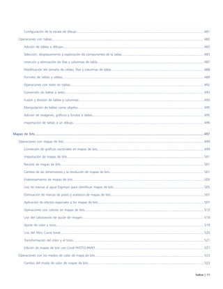 Índice | 11
Configuración de la escala de dibujo............................................................................................................................................481
Operaciones con tablas...................................................................................................................................................................... 483
Adición de tablas a dibujos..........................................................................................................................................................483
Selección, desplazamiento y exploración de componentes de la tabla...........................................................................................485
Inserción y eliminación de filas y columnas de tabla.....................................................................................................................487
Modificación del tamaño de celdas, filas y columnas de tabla......................................................................................................488
Formato de tablas y celdas...........................................................................................................................................................489
Operaciones con texto en tablas.................................................................................................................................................. 492
Conversión de tablas a texto........................................................................................................................................................ 493
Fusión y división de tablas y columnas......................................................................................................................................... 493
Manipulación de tablas como objetos..........................................................................................................................................495
Adición de imágenes, gráficos y fondos a tablas..........................................................................................................................495
Importación de tablas a un dibujo............................................................................................................................................... 496
Mapas de bits....................................................................................................................................................................................497
Operaciones con mapas de bits..........................................................................................................................................................499
Conversión de gráficos vectoriales en mapas de bits.................................................................................................................... 499
Importación de mapas de bits......................................................................................................................................................501
Recorte de mapas de bits.............................................................................................................................................................501
Cambio de las dimensiones y la resolución de mapas de bits....................................................................................................... 501
Enderezamiento de mapas de bits................................................................................................................................................503
Uso de marcas al agua Digimarc para identificar mapas de bits................................................................................................... 505
Eliminación de marcas de polvo y arañazos de mapas de bits...................................................................................................... 507
Aplicación de efectos especiales a los mapas de bits....................................................................................................................507
Operaciones con colores en mapas de bits...................................................................................................................................512
Uso del Laboratorio de ajuste de imagen.....................................................................................................................................514
Ajuste de color y tono..................................................................................................................................................................519
Uso del filtro Curva tonal............................................................................................................................................................. 520
Transformación del color y el tono............................................................................................................................................... 521
Edición de mapas de bits con Corel PHOTO-PAINT....................................................................................................................... 521
Operaciones con los modos de color de mapa de bits....................................................................................................................... 523
Cambio del modo de color de mapas de bits...............................................................................................................................523
 