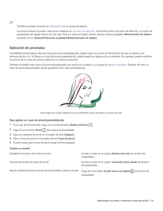 Operaciones con líneas, contornos y trazos de pincel | 115
También es posible conectar los subtrayectos en un grupo de objetos.
Las líneas también se pueden seleccionar mediante un recuadro de selección. Si las líneas tienen recuadros de selección, se usarán las
propiedades del objeto inferior en una capa. Para ver cuál es el objeto inferior, abra la ventana acoplable Administrador de objetos
haciendo clic en Ventana Ventanas acoplables Administrador de objetos.
Aplicación de pinceladas
CorelDRAW permite aplicar diversos trazos de pincel preestablecidos, desde trazos con punta de flecha hasta los que se rellenan con
patrones de arco iris. Al dibujar un trazo de pincel preestablecido, puede especificar algunos de sus atributos. Por ejemplo, puede modificar
la anchura de un trazo de pincel y especificar su nivel de suavizado.
También es posible crear trazos de pincel personalizados por medio de un objeto o un grupo de objetos vectoriales. Después de crear un
trazo de pincel personalizado, puede guardarlo como valor preestablecido.
Esta imagen fue creada mediante el uso de diferentes trazos de pincel y anchuras de trazo.
Para aplicar un trazo de pincel preestablecido
1 En la caja de herramientas, haga clic en la herramienta Medios artísticos .
2 Haga clic en el botón Pincel de la barra de propiedades.
3 Elija una categoría de pincel en el cuadro de lista Categoría.
4 Elija un trazo de pincel en el cuadro de lista Trazo de pincel.
5 Arrastre hasta que el trazo de pincel tenga la forma deseada.
 
También es posible  
Establecer la anchura del trazo de pincel Escriba un valor en el cuadro Anchura de trazo de la barra de
propiedades.
Suavizar los bordes del trazo de pincel Escriba un valor en el cuadro Suavizado mano alzada de la barra
de propiedades.
Aplicar transformaciones al grosor de la pincelada cuando se escale Haga clic en el botón Escalar trazo con objeto de la barra de
propiedades.
 