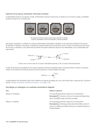 128 | CorelDRAW X7 Guía del usuario
Explicación de las esquinas redondeadas, festoneadas y biseladas
El redondeado producirá una esquina curvada, el festoneado sustituye la esquina por un borde con una muesca curvada, y el biselado
sustituye la esquina con un borde recto.
De izquierda a derecha pueden verse esquinas estándar sin cambios,
esquinas redondeadas, esquinas festoneadas y esquinas biseladas.
Para dibujar rectángulos o cuadrados con esquinas redondeadas, festoneadas o biseladas, ha de especificar el tamaño de la esquina.
Al redondear o festonear una esquina, el tamaño de la esquina determinará el radio de la misma. El radio es la distancia entre el centro
de la curva y su perímetro. Unos valores altos de tamaño de esquina producirán esquinas más redondeadas o con un festoneado más
pronunciado.
Observe cómo se mide el radio de una esquina redondeada (izquierda) y el de una esquina festoneada (derecha).
El valor de tamaño para el biselado de una esquina representa la distancia deseada donde comenzará el bisel en relación a la esquina
original. Unos valores de tamaño de esquina más altos producirán un borde biselado más largo.
Si desea obtener más información sobre cómo modificar las esquinas de objetos de curva, como líneas texto o mapas de bits, consulte la
sección "Fileteado, festoneado y biselado de esquinas " en la página 168.
Para dibujar un rectángulo o un cuadrado arrastrando en diagonal
 
Para Realice lo siguiente
Dibujar un rectángulo En la caja de herramientas, haga clic en la herramienta
Rectángulo . Arrastre el cursor en la ventana de dibujo hasta
que el rectángulo tenga el tamaño que desee.
Dibujar un cuadrado En la caja de herramientas, haga clic en la herramienta
Rectángulo . Mantenga presionada la tecla Ctrl y arrastre el
cursor en la ventana de dibujo hasta que el cuadrado adquiera el
tamaño deseado.
 
