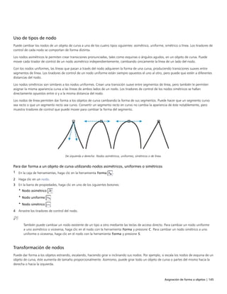 Asignación de forma a objetos | 145
Uso de tipos de nodo
Puede cambiar los nodos de un objeto de curva a uno de los cuatro tipos siguientes: asimétrico, uniforme, simétrico o línea. Los tiradores de
control de cada nodo se comportan de forma distinta.
Los nodos asimétricos le permiten crear transiciones pronunciadas, tales como esquinas o ángulos agudos, en un objeto de curva. Puede
mover cada tirador de control de un nodo asimétrico independientemente, cambiando únicamente la línea de un lado del nodo.
Con los nodos uniformes, las líneas que pasan a través del nodo adquieren la forma de una curva, produciendo transiciones suaves entre
segmentos de línea. Los tiradores de control de un nodo uniforme están siempre opuestos el uno al otro, pero puede que estén a diferentes
distancias del nodo.
Los nodos simétricos son similares a los nodos uniformes. Crean una transición suave entre segmentos de línea, pero también le permiten
asignar la misma apariencia curva a las líneas de ambos lados de un nodo. Los tiradores de control de los nodos simétricos se hallan
directamente opuestos entre sí y a la misma distancia del nodo.
Los nodos de línea permiten dar forma a los objetos de curva cambiando la forma de sus segmentos. Puede hacer que un segmento curvo
sea recto o que un segmento recto sea curvo. Convertir un segmento recto en curvo no cambia la apariencia de éste notablemente, pero
muestra tiradores de control que puede mover para cambiar la forma del segmento.
De izquierda a derecha: Nodos asimétricos, uniformes, simétricos o de línea.
Para dar forma a un objeto de curva utilizando nodos asimétricos, uniformes o simétricos
1 En la caja de herramientas, haga clic en la herramienta Forma .
2 Haga clic en un nodo.
3 En la barra de propiedades, haga clic en uno de los siguientes botones:
• Nodo asimétrico
• Nodo uniforme
• Nodo simétrico
4 Arrastre los tiradores de control del nodo.
También puede cambiar un nodo existente de un tipo a otro mediante las teclas de acceso directo. Para cambiar un nodo uniforme
a uno asimétrico o viceversa, haga clic en el nodo con la herramienta Forma y presione C. Para cambiar un nodo simétrico a uno
uniforme o viceversa, haga clic en el nodo con la herramienta Forma y presione S.
Transformación de nodos
Puede dar forma a los objetos estirando, escalando, haciendo girar e inclinando sus nodos. Por ejemplo, si escala los nodos de esquina de un
objeto de curva, éste aumenta de tamaño proporcionalmente. Asimismo, puede girar todo un objeto de curva o partes del mismo hacia la
derecha o hacia la izquierda.
 