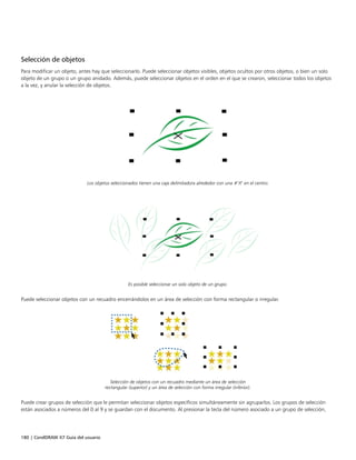 180 | CorelDRAW X7 Guía del usuario
Selección de objetos
Para modificar un objeto, antes hay que seleccionarlo. Puede seleccionar objetos visibles, objetos ocultos por otros objetos, o bien un solo
objeto de un grupo o un grupo anidado. Además, puede seleccionar objetos en el orden en el que se crearon, seleccionar todos los objetos
a la vez, y anular la selección de objetos.
Los objetos seleccionados tienen una caja delimitadora alrededor con una "X" en el centro.
Es posible seleccionar un solo objeto de un grupo.
Puede seleccionar objetos con un recuadro encerrándolos en un área de selección con forma rectangular o irregular.
Selección de objetos con un recuadro mediante un área de selección
rectangular (superior) y un área de selección con forma irregular (inferior).
Puede crear grupos de selección que le permitan seleccionar objetos específicos simultáneamente sin agruparlos. Los grupos de selección
están asociados a números del 0 al 9 y se guardan con el documento. Al presionar la tecla del número asociado a un grupo de selección,
 