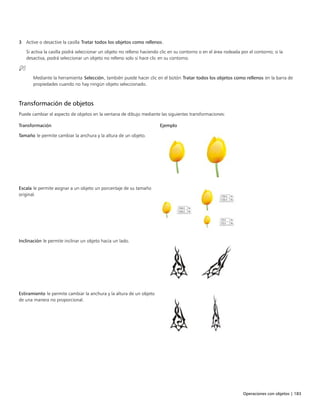 Operaciones con objetos | 183
3 Active o desactive la casilla Tratar todos los objetos como rellenos.
Si activa la casilla podrá seleccionar un objeto no relleno haciendo clic en su contorno o en el área rodeada por el contorno; si la
desactiva, podrá seleccionar un objeto no relleno solo si hace clic en su contorno.
Mediante la herramienta Selección, también puede hacer clic en el botón Tratar todos los objetos como rellenos en la barra de
propiedades cuando no hay ningún objeto seleccionado.
Transformación de objetos
Puede cambiar el aspecto de objetos en la ventana de dibujo mediante las siguientes transformaciones:
 
Transformación Ejemplo
Tamaño le permite cambiar la anchura y la altura de un objeto.
Escala le permite asignar a un objeto un porcentaje de su tamaño
original.
Inclinación le permite inclinar un objeto hacia un lado.
Estiramiento le permite cambiar la anchura y la altura de un objeto
de una manera no proporcional.
 