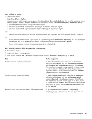 Operaciones con objetos | 187
Para duplicar un objeto
1 Seleccione un objeto.
2 Haga clic en Edición Duplicar.
Cuando duplica un objeto por primera vez, aparece el cuadro de diálogo Descentrado duplicado. Para especificar la distancia entre el
objeto duplicado y el original en los ejes X e Y, escriba los valores en los cuadros Descentrado horizontal y Descentrado vertical.
• Un valor de descentrado 0 coloca el duplicado sobre el original.
• Los valores de descentrado positivos colocan el objeto por encima y a la derecha del original.
• Los valores de descentrado negativos colocan el objeto por debajo y a la izquierda del original.
La duplicación de un objeto es útil para crear sombras recortables para dispositivos tales como cortadores de vinilo y trazadores.
Puede cambiar el descentrado con el que se crean los duplicados. Haga clic en Herramientas Opciones y, en la lista de categorías
Documento, haga clic en General; a continuación, escriba los valores en los cuadros Horizontal y Vertical.
Puede también duplicar un objeto seleccionado presionando las teclas Ctrl + D.
Para crear copias de un objeto en una ubicación específica
1 Seleccione un objeto.
2 Haga clic en Editar Paso y repetición.
3 En la ventana acoplable Paso y repetición, escriba un valor en el cuadro Número de copias y haga clic en Aplicar.
 
Para Realice lo siguiente
Distribuir copias de objetos horizontalmente En el área Descentrado vertical, seleccione Sin descentrado
del cuadro de lista Modo. En el área Configuración horizontal,
seleccione Espaciado entre objetos en el cuadro de lista Modo.
Para especificar el espaciado entre las copias de un objeto, escriba
un valor en el cuadro Distancia. Para colocar las copias de un
objeto a la derecha o izquierda del original, seleccione Derecha o
Izquierda del cuadro de lista Dirección.
Distribuir copias de objetos verticalmente En el área Descentrado horizontal, seleccione Sin descentrado
del cuadro de lista Modo. En el área Configuración vertical,
seleccione Espaciado entre objetos en el cuadro de lista Modo.
Para especificar el espaciado entre las copias de un objeto, escriba
un valor en el cuadro Distancia. Para colocar las copias por encima
o por debajo del original, seleccione Encima o Debajo del cuadro
de lista Dirección.
Descentrar todas copias de un objeto a una distancia especificada En las áreas Configuración horizontal y Configuración
vertical, seleccione Descentrar en el cuadro de lista Modo y, a
continuación, escriba los valores en los cuadros Distancia.
 
