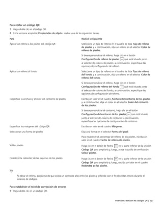 Inserción y edición de códigos QR | 227
Para editar un código QR
1 Haga doble clic en el código QR.
2 En la ventana acoplable Propiedades de objeto, realice una de las siguientes tareas.
 
Para Realice lo siguiente
Aplicar un relleno a los píxeles del código QR Seleccione un tipo de relleno en el cuadro de lista Tipo de relleno
de píxeles y, a continuación, elija un relleno en el selector Color de
relleno de píxeles.
Si desea personalizar el relleno, haga clic en el botón
Configuración de relleno de píxeles que está situado junto
al selector de colores de píxeles; a continuación, especifique las
opciones de configuración de relleno.
Aplicar un relleno al fondo Seleccione un tipo de relleno en el cuadro de lista Tipo de relleno
del fondo y, a continuación, elija un relleno en el selector Color de
relleno del fondo.
Si desea personalizar el relleno, haga clic en el botón
Configuración de relleno del fondo que está situado junto
al selector de colores del fondo; a continuación, especifique las
opciones de configuración de relleno.
Especificar la anchura y el color del contorno de píxeles Escriba un valor en el cuadro Anchura del contorno de los píxeles
y, a continuación, elija un color en el selector Color del contorno
de los píxeles.
Si desea personalizar el contorno, haga clic en el botón
Configuración del contorno de los píxeles que está situado
junto al selector de colores de contorno; a continuación,
especifique las opciones de configuración de contorno.
Especificar los márgenes del código QR Escriba un valor en el cuadro Márgenes.
Seleccionar una forma de píxeles Elija una forma en el selector Forma del píxel.
Para establecer el porcentaje de relleno de los píxeles, escriba un
valor en el cuadro Factor de relleno de píxeles.
Soldar píxeles Haga clic en el botón de flecha en la parte inferior de la sección
Código QR para ampliarla y, luego, active la casilla de verificación
Soldar píxeles.
Establecer la redondez de las esquinas de los píxeles Haga clic en el botón de flecha en la parte inferior de la sección
Código QR para ampliarla y, luego, escriba un valor en el cuadro
Redondez de los píxeles.
Al editar el relleno, asegúrese de que exista un contraste alto entre los píxeles y el fondo con el fin de evitar errores durante el
escaneo de códigos.
Para establecer el nivel de corrección de errores
1 Haga doble clic en un código QR.
 