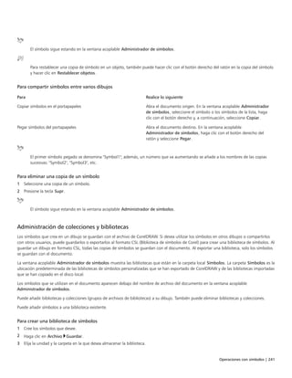 Operaciones con símbolos | 241
El símbolo sigue estando en la ventana acoplable Administrador de símbolos.
Para restablecer una copia de símbolo en un objeto, también puede hacer clic con el botón derecho del ratón en la copia del símbolo
y hacer clic en Restablecer objetos.
Para compartir símbolos entre varios dibujos
 
Para Realice lo siguiente
Copiar símbolos en el portapapeles Abra el documento origen. En la ventana acoplable Administrador
de símbolos, seleccione el símbolo o los símbolos de la lista, haga
clic con el botón derecho y, a continuación, seleccione Copiar.
Pegar símbolos del portapapeles Abra el documento destino. En la ventana acoplable
Administrador de símbolos, haga clic con el botón derecho del
ratón y seleccione Pegar.
El primer símbolo pegado se denomina "Symbol1"; además, un número que va aumentando se añade a los nombres de las copias
sucesivas: "Symbol2", "Symbol3", etc.
Para eliminar una copia de un símbolo
1 Seleccione una copia de un símbolo.
2 Presione la tecla Supr.
El símbolo sigue estando en la ventana acoplable Administrador de símbolos.
Administración de colecciones y bibliotecas
Los símbolos que crea en un dibujo se guardan con el archivo de CorelDRAW. Si desea utilizar los símbolos en otros dibujos o compartirlos
con otros usuarios, puede guardarlos o exportarlos al formato CSL (Biblioteca de símbolos de Corel) para crear una biblioteca de símbolos. Al
guardar un dibujo en formato CSL, todas las copias de símbolos se guardan con el documento. Al exportar una biblioteca, solo los símbolos
se guardan con el documento.
La ventana acoplable Administrador de símbolos muestra las bibliotecas que están en la carpeta local Símbolos. La carpeta Símbolos es la
ubicación predeterminada de las bibliotecas de símbolos personalizadas que se han exportado de CorelDRAW y de las bibliotecas importadas
que se han copiado en el disco local.
Los símbolos que se utilizan en el documento aparecen debajo del nombre de archivo del documento en la ventana acoplable
Administrador de símbolos.
Puede añadir bibliotecas y colecciones (grupos de archivos de bibliotecas) a su dibujo. También puede eliminar bibliotecas y colecciones.
Puede añadir símbolos a una biblioteca existente.
Para crear una biblioteca de símbolos
1 Cree los símbolos que desee.
2 Haga clic en Archivo Guardar.
3 Elija la unidad y la carpeta en la que desea almacenar la biblioteca.
 
