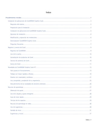 Índice | 1
Índice
Procedimientos iniciales.........................................................................................................................................................................1
Instalación de aplicaciones de CorelDRAW Graphics Suite...................................................................................................................... 3
Requisitos del sistema.......................................................................................................................................................................3
Preparación para la instalación......................................................................................................................................................... 3
Instalación de aplicaciones de CorelDRAW Graphics Suite................................................................................................................ 4
Opciones de instalación....................................................................................................................................................................4
Modificación y reparación de instalaciones.......................................................................................................................................6
Desinstalación CorelDRAW Graphics Suite........................................................................................................................................ 7
Preguntas frecuentes........................................................................................................................................................................ 7
Registros y servicio de Corel................................................................................................................................................................... 9
Registros de CorelDRAW...................................................................................................................................................................9
Uso de la cuenta............................................................................................................................................................................10
Actualización de productos de Corel.............................................................................................................................................. 10
Servicio de asistencia de Corel........................................................................................................................................................10
Acerca de Corel..............................................................................................................................................................................11
Novedades de CorelDRAW Graphics Suite X7.......................................................................................................................................13
Fácil puesta en funcionamiento......................................................................................................................................................13
Trabajo con mayor rapidez y eficacia..............................................................................................................................................16
Diseños con creatividad y confianza............................................................................................................................................... 21
Uso compartido y ampliación de su experiencia............................................................................................................................. 25
Descubrimiento de las novedades de versiones anteriores...............................................................................................................26
Recursos de aprendizaje....................................................................................................................................................................... 27
Obtención de ayuda.......................................................................................................................................................................27
Uso de la Ayuda y ayuda emergente..............................................................................................................................................28
Guía de inicio rápido......................................................................................................................................................................29
Técnicas de los expertos................................................................................................................................................................. 29
Recursos de aprendizaje en vídeo...................................................................................................................................................30
Uso de sugerencias.........................................................................................................................................................................30
Pantalla de inicio............................................................................................................................................................................ 31
Sugerencias y trucos.......................................................................................................................................................................31
 