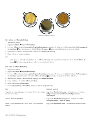 284 | CorelDRAW X7 Guía del usuario
Ejemplos de rellenos de textura
Para aplicar un relleno de textura
1 Seleccione un objeto.
2 Haga clic en Objeto  Propiedades de objeto.
3 En el área Rellenar de la ventana acoplable Propiedades de objeto, haga clic en la flecha del menú lateral del botón Relleno de patrón
de dos colores y, a continuación, en el botón Relleno de textura  para mostrar las opciones de relleno de textura.
4 Seleccione una biblioteca de texturas en el cuadro de lista Biblioteca de texturas.
5 Elija un relleno del selector de relleno.
Puede aplicar un relleno de textura si hace clic en Relleno interactivo en la caja de herramientas, hace clic en el botón Relleno de
textura de la barra de propiedades y utiliza los controles de esta última.
Para crear un relleno de textura
1 Seleccione un objeto.
2 Haga clic en Objeto  Propiedades de objeto.
3 En el área Rellenar de la ventana acoplable Propiedades de objeto, haga clic en la flecha del menú lateral del botón Relleno de patrón
de dos colores y, a continuación, en el botón Relleno de textura  para mostrar las opciones de relleno de textura.
4 Seleccione una biblioteca de texturas en el cuadro de lista Relleno de textura.
5 Escoja una textura del selector Relleno de textura .
6 Haga clic en el botón Editar relleno.
7 En el cuadro de diálogo Editar relleno, realice una tarea de la siguiente tabla.
 
Para Realice lo siguiente
Organizar los mosaicos para que los mosaicos alternos sean reflejos
los unos de los otros.
Haga clic en Transformaciones y, a continuación, en los botones
Reflejar mosaicos horizontalmente o Reflejar mosaicos
verticalmente.
Cambiar el tamaño del relleno Haga clic en Transformaciones y escriba valores en los cuadros
Anchura de relleno y Altura de relleno.
Mover el centro del relleno hacia arriba, abajo, a la izquierda o la
derecha
Haga clic en Transformaciones, y escriba valores en los cuadros X e
Y.
 