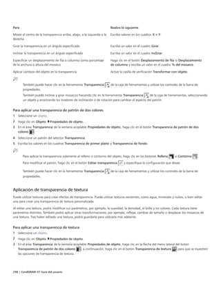 298 | CorelDRAW X7 Guía del usuario
Para Realice lo siguiente
Mover el centro de la transparencia arriba, abajo, a la izquierda o la
derecha
Escriba valores en los cuadros X e Y.
Girar la transparencia en un ángulo especificado Escriba un valor en el cuadro Girar.
Inclinar la transparencia en un ángulo especificado Escriba un valor en el cuadro Inclinar.
Especificar un desplazamiento de fila o columna como porcentaje
de la anchura o altura del mosaico
Haga clic en el botón Desplazamiento de fila o Desplazamiento
de columna y escriba un valor en el cuadro % del mosaico.
Aplicar cambios del objeto en la transparencia Active la casilla de verificación Transformar con objeto.
También puede hacer clic en la herramienta Transparencia de la caja de herramientas y utilizar los controles de la barra de
propiedades.
También puede inclinar y girar mosaicos haciendo clic en la herramienta Transparencia de la caja de herramientas, seleccionando
un objeto y arrastrando los tiradores de inclinación o de rotación para cambiar el aspecto del patrón.
Para aplicar una transparencia de patrón de dos colores
1 Seleccione un objeto.
2 Haga clic en Objeto Propiedades de objeto.
3 En el área Transparencia de la ventana acoplable Propiedades de objeto, haga clic en el botón Transparencia de patrón de dos
colores .
4 Seleccione un patrón del selector Transparencia.
5 Escriba los valores en los cuadros Transparencia de primer plano y Transparencia de fondo.
Para aplicar la transparencia solamente al relleno o contorno del objeto, haga clic en los botones Relleno o Contorno .
Para modificar el patrón, haga clic en el botón Editar transparencia y especifique la configuración que desee.
También puede hacer clic en la herramienta Transparencia de la caja de herramientas y utilizar los controles de la barra de
propiedades.
Aplicación de transparencia de textura
Puede utilizar texturas para crear efectos de transparencia. Puede utilizar texturas existentes, como agua, minerales y nubes, o bien editar
una para crear una transparencia de textura personalizada.
Al editar una textura, podrá modificar sus parámetros, por ejemplo, la suavidad, la densidad, el brillo y los colores. Cada textura tiene
parámetros distintos. También podrá aplicar otras transformaciones; por ejemplo, reflejar, cambiar de tamaño o desplazar los mosaicos de
una textura. Tras haber editado una textura, podrá guardarla para utilizarla más adelante.
Para aplicar una transparencia de textura
1 Seleccione un objeto.
2 Haga clic en Objeto Propiedades de objeto.
3 En el área Transparencia de la ventana acoplable Propiedades de objeto, haga clic en la flecha del menú lateral del botón
Transparencia de patrón de dos colores ; a continuación, haga clic en el botón Transparencia de textura para que se muestren
las opciones de transparencia de textura.
 