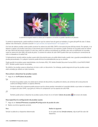 318 | CorelDRAW X7 Guía del usuario
La advertencia de gama resalta los colores que la impresora o el monitor no pueden reproducir con precisión.
Si cambia la representación, podrá modificar el modo en que los colores fuera de gama se trasladan a la gama del perfil de color. Si desea
obtener más información, consulte la sección"¿En qué consiste una representación?" en la página 310.
A la hora de realizar pruebas suaves puede conservar los valores de color RGB, CMYK o de escala de grises del documento. Por ejemplo, si se
dispone a realizar una prueba suave para un documento que se imprimirá en una imprenta, puede conservar en la prueba suave los valores
de color CMYK del documento original. En este caso, todos los colores se actualizarán en pantalla, pero solo se modificarán en la prueba
suave los valores de color RGB y de escala de grises. Si conserva los valores de color CMYK puede evitar que se produzcan conversiones de
color no deseadas en la salida final.
Si habitualmente necesita realizar pruebas suaves sobre documentos para una salida determinada, puede crear y guardar preestablecidos de
prueba personalizados. En cualquier momento puede eliminar los preestablecidos que ya no necesite.
Puede guardar las pruebas suaves exportándolas a los formatos JPEG, TIFF, Adobe Portable Document Format (PDF) o Corel PHOTO-PAINT
(CPT). También puede imprimir las pruebas.
Por defecto, las pruebas suaves se desactivan al iniciar o abrir un documento. Sin embargo, puede asegurarse de que las pruebas suaves
están activadas por defecto en todo momento.
Para activar o desactivar las pruebas suaves
• Haga clic en Ver Colores de prueba.
Al activar las pruebas suaves, los colores de la ventana de documento, las paletas de colores y las ventanas de la vista previa de
cuadros de diálogo tendrán un aspecto diferente.
Simular la salida de la impresora puede provocar que los colores pierdan intensidad en la pantalla debido a que todos se trasladan a
un espacio de color CMYK, cuya gama es inferior en comparación con los espacios de color RGB.
También puede activar o desactivar las pruebas suaves al hacer clic en el botón Colores de prueba  de la barra de estado.
Para especificar la configuración de pruebas suaves
1 Haga clic en Ventana Ventanas acoplables Configuración de prueba de color.
2 Realice una de las siguientes acciones.
 
Para Realice lo siguiente
Simular la salida de un dispositivo determinado En el cuadro de lista Simular entorno, elija el perfil de color del
dispositivo.
 