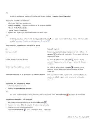 Adición de efectos 3D a objetos | 337
También es posible crear una extrusión mediante la ventana acoplable Extrusión (Efectos Extrusión).
Para copiar o clonar una extrusión
1 Seleccione el objeto que desee extrudir.
2 Haga clic en Efectos y, a continuación, en una de las siguientes opciones:
• Copiar efecto Extrusión de
• Clonar efecto Extrusión de
3 Haga clic en el objeto cuyas propiedades de extrusión desee copiar.
También puede utilizar la herramienta Cuentagotas de atributos para copiar una extrusión. Si desea obtener más información,
consulte "Para copiar efectos de un objeto a otro" en la página 197.
Para cambiar la forma de una extrusión de vector
 
Para Realice lo siguiente
Girar una extrusión Seleccione un objeto extrudido. Haga clic en el botón Rotación de
extrusión de la barra de propiedades. Arrastre la extrusión en la
dirección que desee.
Cambiar la dirección de una extrusión Por medio de la herramienta Extrusión , haga clic en una
extrusión. Haga clic en el punto de fuga y arrastre en la dirección
que desee.
Cambiar la profundidad de una extrusión Por medio de la herramienta Extrusión , haga clic en una
extrusión. Arrastre el deslizador entre los tiradores de vector
interactivos.
Redondear las esquinas de un rectángulo o un cuadrado extrudido En la caja de herramientas, haga clic en la herramienta Forma .
Arrastre un nodo de esquina por el contorno del rectángulo o
cuadrado.
Para quitar una extrusión de vector
1 Seleccione un objeto extrudido.
2 Haga clic en Efectos Borrar extrusión.
Para quitar una extrusión de un vector, también puede hacer clic en el botón Borrar extrusión  de la barra de propiedades.
Para aplicar un relleno a una extrusión
1 Seleccione un objeto extrudido con la herramienta Extrusión .
2 Haga clic en el botón Color de extrusión de la barra de propiedades.
3 Haga clic en uno de los botones siguientes:
• Usar relleno del objeto : aplica el relleno del objeto a la extrusión.
 