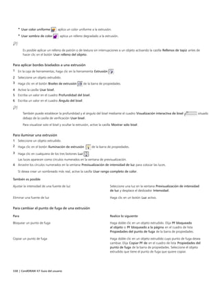 338 | CorelDRAW X7 Guía del usuario
• Usar color uniforme : aplica un color uniforme a la extrusión.
• Usar sombra de color : aplica un relleno degradado a la extrusión.
Es posible aplicar un relleno de patrón o de textura sin interrupciones a un objeto activando la casilla Rellenos de tapiz antes de
hacer clic en el botón Usar relleno del objeto.
Para aplicar bordes biselados a una extrusión
1 En la caja de herramientas, haga clic en la herramienta Extrusión .
2 Seleccione un objeto extrudido.
3 Haga clic en el botón Biseles de extrusión de la barra de propiedades.
4 Active la casilla Usar bisel.
5 Escriba un valor en el cuadro Profundidad del bisel.
6 Escriba un valor en el cuadro Ángulo del bisel.
También puede establecer la profundidad y el ángulo del bisel mediante el cuadro Visualización interactiva de bisel situado
debajo de la casilla de verificación Usar bisel.
Para visualizar solo el bisel y ocultar la extrusión, active la casilla Mostrar solo bisel.
Para iluminar una extrusión
1 Seleccione un objeto extrudido.
2 Haga clic en el botón Iluminación de extrusión de la barra de propiedades.
3 Haga clic en cualquiera de los tres botones Luz .
Las luces aparecen como círculos numerados en la ventana de previsualización.
4 Arrastre los círculos numerados en la ventana Previsualización de intensidad de luz para colocar las luces.
Si desea crear un sombreado más real, active la casilla Usar rango completo de color.
 
También es posible  
Ajustar la intensidad de una fuente de luz Seleccione una luz en la ventana Previsualización de intensidad
de luz y desplace el deslizador Intensidad.
Eliminar una fuente de luz Haga clic en un botón Luz activo.
Para cambiar el punto de fuga de una extrusión
 
Para Realice lo siguiente
Bloquear un punto de fuga Haga doble clic en un objeto extrudido. Elija PF bloqueado
al objeto o PF bloqueado a la página en el cuadro de lista
Propiedades del punto de fuga de la barra de propiedades.
Copiar un punto de fuga Haga doble clic en un objeto extrudido cuyo punto de fuga desea
cambiar. Elija Copiar PF de en el cuadro de lista Propiedades del
punto de fuga de la barra de propiedades. Seleccione el objeto
extrudido que tiene el punto de fuga que quiere copiar.
 