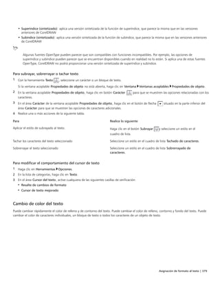 Asignación de formato al texto | 379
• Superíndice (sintetizado): aplica una versión sintetizada de la función de superíndice, que parece la misma que en las versiones
anteriores de CorelDRAW
• Subíndice (sintetizado): aplica una versión sintetizada de la función de subíndice, que parece la misma que en las versiones anteriores
de CorelDRAW
Algunas fuentes OpenType pueden parecer que son compatibles con funciones incompatibles. Por ejemplo, las opciones de
superíndice y subíndice pueden parecer que se encuentran disponibles cuando en realidad no lo están. Si aplica una de estas fuentes
OpenType, CorelDRAW no podrá proporcionar una versión sintetizada de superíndice y subíndice.
Para subrayar, sobrerrayar o tachar texto
1 Con la herramienta Texto , seleccione un carácter o un bloque de texto.
Si la ventana acoplable Propiedades de objeto no está abierta, haga clic en Ventana Ventanas acoplables Propiedades de objeto.
2 En la ventana acoplable Propiedades de objeto, haga clic en botón Carácter  para que se muestren las opciones relacionadas con los
caracteres.
3 En el área Carácter de la ventana acoplable Propiedades de objeto, haga clic en el botón de flecha situado en la parte inferior del
área Carácter para que se muestren las opciones de caracteres adicionales.
4 Realice una o más acciones de la siguiente tabla.
 
Para Realice lo siguiente
Aplicar el estilo de subrayado al texto. Haga clic en el botón Subrayar y seleccione un estilo en el
cuadro de lista.
Tachar los caracteres del texto seleccionado Seleccione un estilo en el cuadro de lista Tachado de caracteres.
Sobrerrayar el texto seleccionado Seleccione un estilo en el cuadro de lista Sobrerrayado de
caracteres.
Para modificar el comportamiento del cursor de texto
1 Haga clic en Herramientas Opciones.
2 En la lista de categorías, haga clic en Texto.
3 En el área Cursor del texto, active cualquiera de las siguientes casillas de verificación:
• Resalte de cambios de formato
• Cursor de texto mejorado
Cambio de color del texto
Puede cambiar rápidamente el color de relleno y de contorno del texto. Puede cambiar el color de relleno, contorno y fondo del texto. Puede
cambiar el color de caracteres individuales, un bloque de texto o todos los caracteres de un objeto de texto.
 