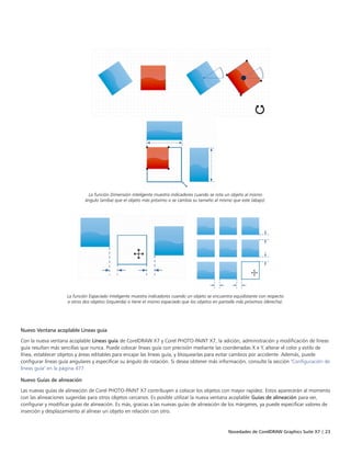 Novedades de CorelDRAW Graphics Suite X7 | 23
La función Dimensión inteligente muestra indicadores cuando se rota un objeto al mismo
ángulo (arriba) que el objeto más próximo o se cambia su tamaño al mismo que este (abajo).
La función Espaciado inteligente muestra indicadores cuando un objeto se encuentra equidistante con respecto
a otros dos objetos (izquierda) o tiene el mismo espaciado que los objetos en pantalla más próximos (derecha).
 
Nuevo Ventana acoplable Líneas guía
Con la nueva ventana acoplable Líneas guía de CorelDRAW X7 y Corel PHOTO-PAINT X7, la adición, administración y modificación de líneas
guía resultan más sencillas que nunca. Puede colocar líneas guía con precisión mediante las coordenadas X e Y, alterar el color y estilo de
línea, establecer objetos y áreas editables para encajar las líneas guía, y bloquearlas para evitar cambios por accidente. Además, puede
configurar líneas guía angulares y especificar su ángulo de rotación. Si desea obtener más información, consulte la sección "Configuración de
líneas guía" en la página 477.
Nuevo Guías de alineación
Las nuevas guías de alineación de Corel PHOTO-PAINT X7 contribuyen a colocar los objetos con mayor rapidez. Estos aparecerán al momento
con las alineaciones sugeridas para otros objetos cercanos. Es posible utilizar la nueva ventana acoplable Guías de alineación para ver,
configurar y modificar guías de alineación. Es más, gracias a las nuevas guías de alineación de los márgenes, ya puede especificar valores de
inserción y desplazamiento al alinear un objeto en relación con otro.
 