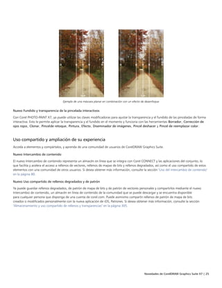 Novedades de CorelDRAW Graphics Suite X7 | 25
Ejemplo de una máscara planar en combinación con un efecto de desenfoque
Nuevo Fundido y transparencia de la pincelada interactivos
Con Corel PHOTO-PAINT X7, ya puede utilizar las claves modificadoras para ajustar la transparencia y el fundido de las pinceladas de forma
interactiva. Esto le permite aplicar la transparencia y el fundido en el momento y funciona con las herramientas Borrador, Corrección de
ojos rojos, Clonar, Pincelde retoque, Pintura, Efecto, Diseminador de imágenes, Pincel deshacer y Pincel de reemplazar color.
Uso compartido y ampliación de su experiencia
Acceda a elementos y compártalos, y aprenda de una comunidad de usuarios de CorelDRAW Graphics Suite.
Nuevo Intercambio de contenido
El nuevo Intercambio de contenido representa un almacén en línea que se integra con Corel CONNECT y las aplicaciones del conjunto, lo
que facilita y acelera el acceso a rellenos de vectores, rellenos de mapas de bits y rellenos degradados, así como el uso compartido de estos
elementos con una comunidad de otros usuarios. Si desea obtener más información, consulte la sección "Uso del Intercambio de contenido"
en la página 80.
Nuevo Uso compartido de rellenos degradados y de patrón
Ya puede guardar rellenos degradados, de patrón de mapa de bits y de patrón de vectores personales y compartirlos mediante el nuevo
Intercambio de contenido, un almacén en línea de contenido de la comunidad que se puede descargar y se encuentra disponible
para cualquier persona que disponga de una cuenta de corel.com. Puede asimismo compartir rellenos de patrón de mapa de bits
creados o modificados personalmente con la nueva aplicación de iOS, Patrones. Si desea obtener más información, consulte la sección
"Almacenamiento y uso compartido de rellenos y transparencias" en la página 305.
 