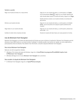 Administración de fuentes | 413
También es posible  
Pegar una muestra de texto en un documento Haga clic en una muestra de texto y, a continuación, en Copiar.
Con la herramienta Texto , haga clic con el botón derecho del
ratón donde desee colocar la muestra de texto y haga clic en Pegar.
Puede asimismo arrastrar una muestra de texto a la ventana de
documento.
Eliminar una muestra de texto Haga clic en una muestra de texto y, a continuación, en el botón
Cerrar, que se encuentra en la esquina superior derecha de la
muestra.
Pegar texto en una muestra de texto Haga clic en una muestra de texto y, a continuación, presione las
teclas Ctrl + V.
Cambiar el orden de las muestras de texto Arrastre la muestra de texto hasta una nueva posición en la lista.
Uso de Bitstream Font Navigator
Bitstream Font Navigator es el sistema de administración de fuentes que viene incluido en la aplicación. Bitstream Font Navigator permite
almacenar hasta 2000 fuentes en una base de datos ("catálogo"). Es posible acceder a las fuentes con rapidez, así como organizarlas y
previsualizarlas antes de utilizarlas. Para obtener más información, consulte la Ayuda de Bitstream Font Navigator.
Para iniciar Bitstream Font Navigator
Opte por uno de los siguientes métodos:
• (Windows 7) En la barra de tareas de Windows, haga clic en Inicio Todos los programas CorelDRAW Graphics Suite
X7 Bitstream Font Navigator.
• (Windows 8) Haga clic en el icono Bitstream Font Navigator de su escritorio.
Para acceder a la Ayuda de Bitstream Font Navigator
• En Bitstream Font Navigator, haga clic en Ayuda Temas de Ayuda.
 