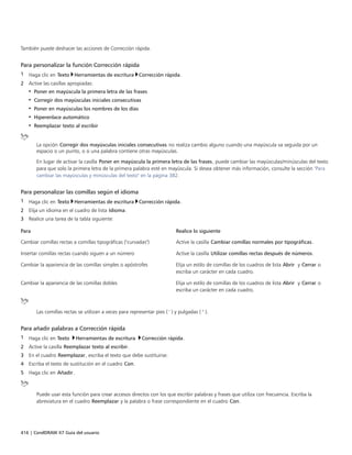 416 | CorelDRAW X7 Guía del usuario
También puede deshacer las acciones de Corrección rápida.
Para personalizar la función Corrección rápida
1 Haga clic en Texto Herramientas de escritura Corrección rápida.
2 Active las casillas apropiadas:
• Poner en mayúscula la primera letra de las frases
• Corregir dos mayúsculas iniciales consecutivas
• Poner en mayúsculas los nombres de los días
• Hiperenlace automático
• Reemplazar texto al escribir
La opción Corregir dos mayúsculas iniciales consecutivas no realiza cambio alguno cuando una mayúscula va seguida por un
espacio o un punto, o si una palabra contiene otras mayúsculas.
En lugar de activar la casilla Poner en mayúscula la primera letra de las frases, puede cambiar las mayúsculas/minúsculas del texto
para que solo la primera letra de la primera palabra esté en mayúscula. Si desea obtener más información, consulte la sección "Para
cambiar las mayúsculas y minúsculas del texto" en la página 382.
Para personalizar las comillas según el idioma
1 Haga clic en Texto Herramientas de escritura Corrección rápida.
2 Elija un idioma en el cuadro de lista Idioma.
3 Realice una tarea de la tabla siguiente:
 
Para Realice lo siguiente
Cambiar comillas rectas a comillas tipográficas ("curvadas") Active la casilla Cambiar comillas normales por tipográficas.
Insertar comillas rectas cuando siguen a un número Active la casilla Utilizar comillas rectas después de números.
Cambiar la apariencia de las comillas simples o apóstrofes Elija un estilo de comillas de los cuadros de lista Abrir y Cerrar o
escriba un carácter en cada cuadro.
Cambiar la apariencia de las comillas dobles Elija un estilo de comillas de los cuadros de lista Abrir y Cerrar o
escriba un carácter en cada cuadro.
Las comillas rectas se utilizan a veces para representar pies ( ' ) y pulgadas ( " ).
Para añadir palabras a Corrección rápida
1 Haga clic en Texto Herramientas de escritura Corrección rápida.
2 Active la casilla Reemplazar texto al escribir.
3 En el cuadro Reemplazar, escriba el texto que debe sustituirse.
4 Escriba el texto de sustitución en el cuadro Con.
5 Haga clic en Añadir.
Puede usar esta función para crear accesos directos con los que escribir palabras y frases que utiliza con frecuencia. Escriba la
abreviatura en el cuadro Reemplazar y la palabra o frase correspondiente en el cuadro Con.
 