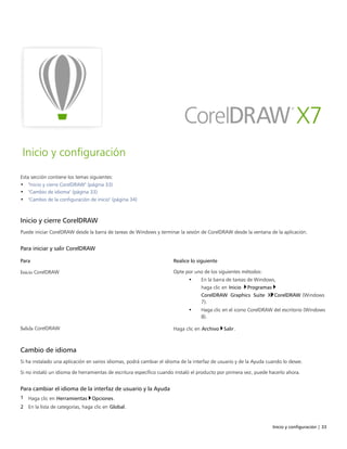 Inicio y configuración | 33
Inicio y configuración
Esta sección contiene los temas siguientes:
• "Inicio y cierre CorelDRAW" (página 33)
• "Cambio de idioma" (página 33)
• "Cambio de la configuración de inicio" (página 34)
Inicio y cierre CorelDRAW
Puede iniciar CorelDRAW desde la barra de tareas de Windows y terminar la sesión de CorelDRAW desde la ventana de la aplicación.
Para iniciar y salir CorelDRAW
 
Para Realice lo siguiente
Inicio CorelDRAW Opte por uno de los siguientes métodos:
• En la barra de tareas de Windows,
haga clic en Inicio Programas 
CorelDRAW Graphics Suite X7CorelDRAW (Windows
7).
• Haga clic en el icono CorelDRAW del escritorio (Windows
8).
Salida CorelDRAW Haga clic en Archivo Salir.
Cambio de idioma
Si ha instalado una aplicación en varios idiomas, podrá cambiar el idioma de la interfaz de usuario y de la Ayuda cuando lo desee.
Si no instaló un idioma de herramientas de escritura específico cuando instaló el producto por primera vez, puede hacerlo ahora.
Para cambiar el idioma de la interfaz de usuario y la Ayuda
1 Haga clic en Herramientas Opciones.
2 En la lista de categorías, haga clic en Global.
 