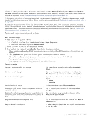 Conceptos básicos de CorelDRAW | 37
nombres de archivo y entradas de texto. Por ejemplo, en las ventanas acoplables Administrador de objetos y Administrador de datos
del objeto. Para mostrar correctamente el texto en la ventana de dibujo, tendrá que realizar ajustes de codificación. Si desea obtener más
información, consulte la sección "Visualización de texto en cualquier idioma correctamente" en la página 405.
Si el dibujo que está abriendo incluye un perfil incorporado International Color Consortium® (ICC), el perfil de color incorporado seguirá
siendo el perfil de color del documento. Si desea obtener más información, consulte la sección "Explicación de la administración de color" en
la página 307.
Puede buscar dibujos por distintos criterios, tales como el nombre de archivo, título, tema, autor, palabra clave, comentario, texto en el
archivo y otras propiedades adjuntas al archivo. Si desea obtener más información sobre cómo realizar búsquedas de archivos, consulte la
Ayuda de Windows. Si desea obtener más información sobre la exploración y búsqueda de contenido, consulte la sección "Exploración y
búsqueda de contenido " en la página 82.
También puede mostrar versiones anteriores de un dibujo.
Para iniciar un dibujo
1 Opte por uno de los siguientes métodos:
• En la Pantalla de inicio, haga clic en Procedimientos iniciales Nuevo documento.
• En la ventana de la aplicación, haga clic en Archivo Nuevo.
2 Escriba un nombre de archivo en el cuadro de texto Nombre.
3 En el cuadro de lista Destino del preestablecido, elija un destino de salida para el dibujo:
• Valores predeterminados de CorelDRAW: aplica los valores predeterminados de CorelDRAW para crear gráficos destinados a la
impresión.
• CMYK predeterminado, aplica ajustes para crear gráficos destinados para la impresión comercial.
• RGB predeterminado, aplica ajustes para crear gráficos que se imprimirán en una impresora de alta definición
• Web, aplica ajustes para crear gráficos para Internet.
• Personalizar: permite personalizar la configuración de destino de un documento.
También es posible  
Cambiar la unidad de medida para la página Elija una unidad de medida del cuadro de lista Unidades de
dibujo.
Cambiar el tamaño de página Elija un tamaño de página para el dibujo en el cuadro de lista
Tamaño o escriba los valores en los cuadros Anchura y Altura.
Cambiar la orientación la página Haga clic en uno de los botones siguientes de orientación de
página:
• Vertical
• Horizontal
Definir el número de páginas Escriba un valor en el cuadro Número de páginas.
Establecer el modo de color predeterminado para el documento
como RGB o CMYK
Elija un modo de color en el cuadro de lista Modo de color
principal.
Establecer la resolución para aquellos efectos que probablemente
se rastericen, como transparencia, sombra interactiva y efectos de
bisel
Elija una resolución de representación en el cuadro de lista
Resolución de representación.
Elegir el modo de previsualización para el dibujo Elija un modo de previsualización en el cuadro de lista Modo de
previsualización.
Elegir un perfil RGB para el dibujo En el área Configuración de color, elija un perfil RGB en el cuadro
de lista Perfil RGB.
 