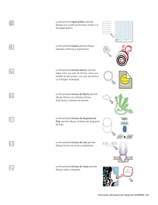Descripción del espacio de trabajo de CorelDRAW | 65
La herramienta Papel gráfico permite
dibujar una cuadrícula de líneas similar a la
del papel gráfico.
La herramienta Espiral permite dibujar
espirales simétricas y logarítmicas.
La herramienta Formas básicas permite
elegir entre una serie de formas, como una
estrella de seis puntas, una cara sonriente o
un triángulo rectángulo.
La herramienta Formas de flecha permite
dibujar flechas con distintas formas,
direcciones y números de puntas.
La herramienta Formas de diagrama de
flujo permite dibujar símbolos de diagramas
de flujo.
La herramienta Formas de orla permite
dibujar formas de cintas y explosiones.
La herramienta Formas de notas permite
dibujar notas y etiquetas.
 