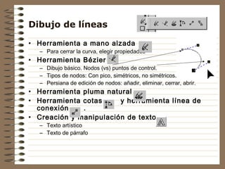 Dibujo de líneas

• Herramienta a mano alzada
   – Para cerrar la curva, elegir propiedades
• Herramienta Bézier
   – Dibujo básico. Nodos (vs) puntos de control.
   – Tipos de nodos: Con pico, simétricos, no simétricos.
   – Persiana de edición de nodos: añadir, eliminar, cerrar, abrir.
• Herramienta pluma natural
• Herramienta cotas     y herramienta línea de
  conexión    .
• Creación y manipulación de texto.
   – Texto artístico
   – Texto de párrafo
 