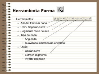 Herramienta Forma

•   Herramientas:
     – Añadir/ Eliminar nodo
     – Unir / Separar curva
     – Segmento recto / curvo
     – Tipo de nodo:
         • Angulado
         • Suavizado simétrico/no uniforme
     – Otros:
         • Cerrar curva
         • Extraer segmento
         • Invertir dirección
 