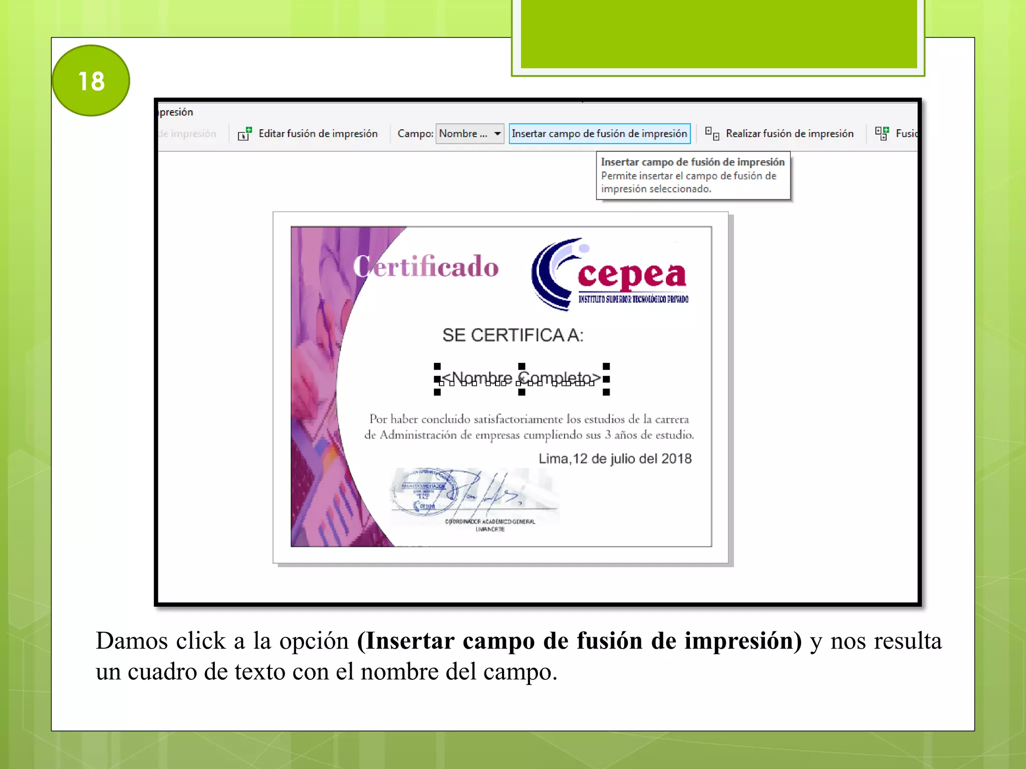 18
Damos click a la opción (Insertar campo de fusión de impresión) y nos resulta
un cuadro de texto con el nombre del campo.
 