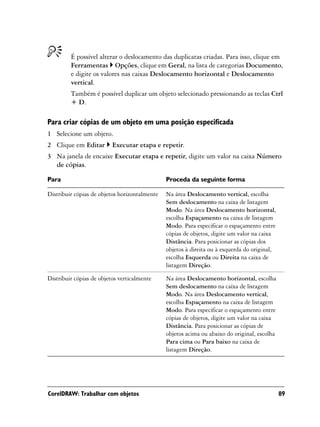 É possível alterar o deslocamento das duplicatas criadas. Para isso, clique em
         Ferramentas Opções, clique em Geral, na lista de categorias Documento,
         e digite os valores nas caixas Deslocamento horizontal e Deslocamento
         vertical.
         Também é possível duplicar um objeto selecionado pressionando as teclas Ctrl
         + D.

Para criar cópias de um objeto em uma posição especificada
1 Selecione um objeto.
2 Clique em Editar        Executar etapa e repetir.
3 Na janela de encaixe Executar etapa e repetir, digite um valor na caixa Número
  de cópias.

Para                                           Proceda da seguinte forma

Distribuir cópias de objetos horizontalmente   Na área Deslocamento vertical, escolha
                                               Sem deslocamento na caixa de listagem
                                               Modo. Na área Deslocamento horizontal,
                                               escolha Espaçamento na caixa de listagem
                                               Modo. Para especificar o espaçamento entre
                                               cópias de objetos, digite um valor na caixa
                                               Distância. Para posicionar as cópias dos
                                               objetos à direita ou à esquerda do original,
                                               escolha Esquerda ou Direita na caixa de
                                               listagem Direção.

Distribuir cópias de objetos verticalmente     Na área Deslocamento horizontal, escolha
                                               Sem deslocamento na caixa de listagem
                                               Modo. Na área Deslocamento vertical,
                                               escolha Espaçamento na caixa de listagem
                                               Modo. Para especificar o espaçamento entre
                                               cópias de objetos, digite um valor na caixa
                                               Distância. Para posicionar as cópias de
                                               objetos acima ou abaixo do original, escolha
                                               Para cima ou Para baixo na caixa de
                                               listagem Direção.




CorelDRAW: Trabalhar com objetos                                                              89
 