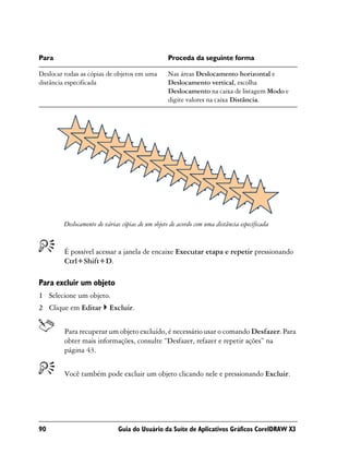 Para                                              Proceda da seguinte forma

Deslocar todas as cópias de objetos em uma        Nas áreas Deslocamento horizontal e
distância especificada                            Deslocamento vertical, escolha
                                                  Deslocamento na caixa de listagem Modo e
                                                  digite valores na caixa Distância.




        Deslocamento de várias cópias de um objeto de acordo com uma distância especificada


         É possível acessar a janela de encaixe Executar etapa e repetir pressionando
         Ctrl+Shift+D.

Para excluir um objeto
1 Selecione um objeto.
2 Clique em Editar        Excluir.


         Para recuperar um objeto excluído, é necessário usar o comando Desfazer. Para
         obter mais informações, consulte “Desfazer, refazer e repetir ações” na
         página 43.


         Você também pode excluir um objeto clicando nele e pressionando Excluir.




90                           Guia do Usuário da Suíte de Aplicativos Gráficos CorelDRAW X3
 