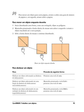 Para mover um objeto para outra página, arraste-o sobre uma guia de número
         de página e, em seguida, arraste sobre a página.

Para mover um objeto enquanto desenha
1 Inicie desenhando uma forma, como um retângulo, elipse ou polígono.
2 Mantenha pressionado o botão direito do mouse sem soltar o esquerdo e arraste o
  objeto inacabado até a nova posição.
3 Solte o botão direito do mouse e continue desenhando.




                                Mover um objeto enquanto desenha

Para deslocar um objeto
Para                                          Proceda da seguinte forma

Deslocar um objeto selecionado na distância   Pressione uma tecla de seta.
de deslocamento

Deslocar um objeto selecionado em uma         Mantenha pressionada a tecla Ctrl e
fração da distância de deslocamento           pressione uma tecla de seta.
(microdeslocamento)

Deslocar um objeto selecionado em um          Mantenha pressionada a tecla Shift e
múltiplo da distância de deslocamento         pressione uma tecla de seta.
(superdeslocamento)




CorelDRAW: Trabalhar com objetos                                                     95
 