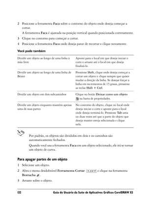 2 Posicione a ferramenta Faca sobre o contorno do objeto onde deseja começar a
  cortar.
  A ferramenta Faca é ajustada na posição vertical quando posicionada corretamente.
3 Clique no contorno para começar a cortar.
4 Posicione a ferramenta Faca onde deseja parar de recortar e clique novamente.

Você pode também

Dividir um objeto ao longo de uma linha à    Aponte para o local em que deseja iniciar o
mão livre                                    corte e arraste até o local em que deseja
                                             finalizá-lo.

Dividir um objeto ao longo de uma linha de   Pressione Shift, clique onde deseja começar a
Bézier                                       cortar um objeto e clique sempre que quiser
                                             mudar a direção da linha. Se desejar forçar a
                                             linha em incrementos de 15 graus, pressione
                                             as teclas Shift + Ctrl.

Dividir um objeto em dois subcaminhos        Clique no botão Deixar como um objeto
                                                na barra de propriedades.

Dividir um objeto enquanto mantém apenas     No contorno do objeto, clique no local onde
uma de suas partes                           deseja iniciar o corte e aponte para o local
                                             onde deseja terminá-lo. Pressione Tab uma
                                             ou duas vezes até que a parte do objeto que
                                             deseja manter esteja selecionada e clique
                                             nela.


         Por padrão, os objetos são divididos em dois e os caminhos são
         automaticamente fechados.
         Quando você usa a ferramenta Faca em um objeto selecionado, ele irá se tornar
         um objeto de curva.

Para apagar partes de um objeto
1 Selecione um objeto.
2 Abra o menu desdobrável Ferramenta Cortar                    e clique na ferramenta
  Borracha .
3 Arraste sobre o objeto.


132                         Guia do Usuário da Suíte de Aplicativos Gráficos CorelDRAW X3
 