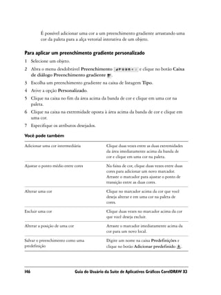 É possível adicionar uma cor a um preenchimento gradiente arrastando uma
         cor da paleta para a alça vetorial interativa de um objeto.

Para aplicar um preenchimento gradiente personalizado
1 Selecione um objeto.
2 Abra o menu desdobrável Preenchimento                            e clique no botão Caixa
  de diálogo Preenchimento gradiente .
3 Escolha um preenchimento gradiente na caixa de listagem Tipo.
4 Ative a opção Personalizado.
5 Clique na caixa no fim da área acima da banda de cor e clique em uma cor na
  paleta.
6 Clique na caixa na extremidade oposta à área acima da banda de cor e clique em
  uma cor.
7 Especifique os atributos desejados.

Você pode também

Adicionar uma cor intermediária                 Clique duas vezes entre as duas extremidades
                                                da área imediatamente acima da banda de
                                                cor e clique em uma cor na paleta.

Ajustar o ponto médio entre cores               Na faixa de cor, clique duas vezes entre duas
                                                cores para adicionar um novo marcador.
                                                Arraste o marcador para ajustar o ponto de
                                                transição entre as duas cores.

Alterar uma cor                                 Clique no marcador acima da cor que você
                                                deseja alterar e em uma cor na paleta de
                                                cores.

Excluir uma cor                                 Clique duas vezes no marcador acima da cor
                                                que você deseja excluir.

Alterar a posição de uma cor                    Arraste o marcador imediatamente acima da
                                                cor para um novo local.

Salvar o preenchimento como uma                 Digite um nome na caixa Predefinições e
predefinição                                    clique no botão Adicionar predefinido .




146                            Guia do Usuário da Suíte de Aplicativos Gráficos CorelDRAW X3
 