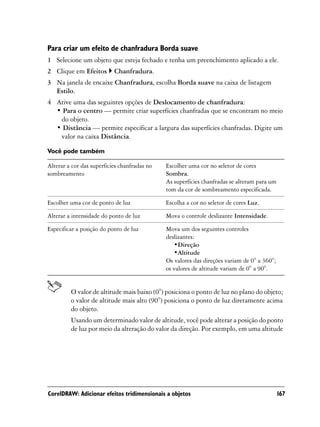 Para criar um efeito de chanfradura Borda suave
1 Selecione um objeto que esteja fechado e tenha um preenchimento aplicado a ele.
2 Clique em Efeitos        Chanfradura.
3 Na janela de encaixe Chanfradura, escolha Borda suave na caixa de listagem
  Estilo.
4 Ative uma das seguintes opções de Deslocamento de chanfradura:
  • Para o centro — permite criar superfícies chanfradas que se encontram no meio
   do objeto.
  • Distância — permite especificar a largura das superfícies chanfradas. Digite um
   valor na caixa Distância.

Você pode também

Alterar a cor das superfícies chanfradas no   Escolher uma cor no seletor de cores
sombreamento                                  Sombra.
                                              As superfícies chanfradas se alteram para um
                                              tom da cor de sombreamento especificada.

Escolher uma cor de ponto de luz              Escolha a cor no seletor de cores Luz.

Alterar a intensidade do ponto de luz         Mova o controle deslizante Intensidade.

Especificar a posição do ponto de luz         Mova um dos seguintes controles
                                              deslizantes:
                                                 •Direção
                                                 •Altitude
                                              Os valores das direções variam de 0° a 360°;
                                              os valores de altitude variam de 0° a 90°.


         O valor de altitude mais baixo (0°) posiciona o ponto de luz no plano do objeto;
         o valor de altitude mais alto (90°) posiciona o ponto de luz diretamente acima
         do objeto.
         Usando um determinado valor de altitude, você pode alterar a posição do ponto
         de luz por meio da alteração do valor da direção. Por exemplo, em uma altitude




CorelDRAW: Adicionar efeitos tridimensionais a objetos                                       167
 