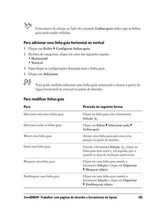Uma marca de seleção ao lado do comando Linhas-guia indica que as linhas-
         guia estão sendo exibidas.

Para adicionar uma linha-guia horizontal ou vertical
1 Clique em Exibir        Configurar linhas-guia.
2 Na lista de categorias, clique em uma das seguintes opções:
  • Horizontal
  • Vertical
3 Especifique as configurações desejadas para a linha-guia.
4 Clique em Adicionar.


         Você pode também adicionar uma linha-guia arrastando o mouse a partir da
         régua horizontal ou vertical na janela de desenho.

Para modificar linhas-guia
Para                                       Proceda da seguinte forma

Selecionar uma única linha-guia            Clique na linha-guia com a ferramenta
                                           Seleção .

Selecionar todas as linhas-guia            Clique em Editar    Selecionar tudo
                                           Linhas-guia.

Mover uma linha-guia                       Arraste uma linha-guia para uma nova
                                           posição na janela de desenho.

Girar uma linha-guia                       Usando a ferramenta Seleção , clique na
                                           linha-guia duas vezes e, em seguida, gire-a
                                           quando as alças de inclinação aparecerem.

Bloquear uma linha-guia                    Clique em uma linha-guia usando a
                                           ferramenta Seleção e clique em Organizar
                                             Bloquear objeto.

Desbloquear uma linha-guia                 Clique em uma linha-guia usando a
                                           ferramenta Seleção e clique em Organizar
                                             Desbloquear objeto.


CorelDRAW: Trabalhar com páginas de desenho e ferramentas de layout                      185
 