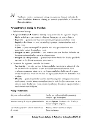Também é possível rastrear um bitmap rapidamente clicando no botão do
         menu desdobrável Rastrear bitmap, na barra de propriedades, e clicando em
         Rastreio rápido.

Para rastrear um bitmap no Trace Lab
1 Selecione um bitmap.
2 Clique em Bitmaps Rastrear bitmap e clique em uma das seguintes opções:
  • Linha artística — para rastrear esboços e ilustrações em preto-e-branco
  • Logotipo — para rastrear logotipos simples, com poucos detalhes e cores
  • Logotipo detalhado — para rastrear logotipos que contêm detalhes sutis e
   muitas cores
  • Clipart — para rastrear gráficos prontos para uso, que contenham uma
   quantidade variada de detalhes e cores
  • Imagem de baixa qualidade — para rastrear fotos sem detalhes definidos ou
   fotos nas quais os detalhes não sejam importantes
  • Imagem de alta qualidade — para rastrear fotos detalhadas de alta qualidade
   nas quais os detalhes sejam muito importantes
3 Mova um dos seguintes controles deslizantes:
  • Suavização — permite suavizar linhas onduladas e controlar o número de nós
   em um resultado de rastreio. Valores mais altos resultam em menos nós e
   produzem curvas que não seguem tão de perto as linhas do bitmap de origem.
   Valores mais baixos resultam em mais nós e produzem resultados de rastreio mais
   precisos.
  • Detalhe — permite controlar quantos detalhes originais serão preservados nos
   resultados de rastreio. Valores mais altos mantêm mais detalhes e resultam em um
   número maior de objetos e cores; valores mais baixos descartam alguns detalhes e
   resultam em menos objetos.

Você pode também

Alterar o estilo predefinido                    Escolha um estilo predefinido na caixa de
                                                listagem Tipo de imagem.

Manter o bitmap de origem após um rastreio      Na área Opções, desative a caixa de seleção
                                                Excluir imagem original.

Descartar ou preservar o fundo no resultado     Ative ou desative a caixa de seleção
de rastreio                                     Remover fundo.


230                            Guia do Usuário da Suíte de Aplicativos Gráficos CorelDRAW X3
 