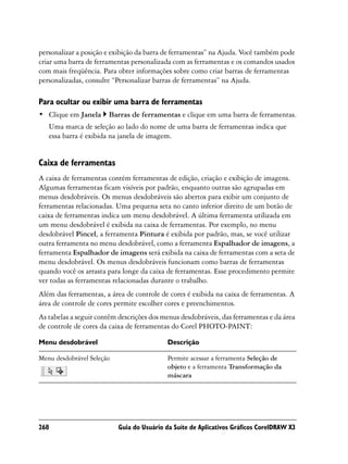 personalizar a posição e exibição da barra de ferramentas” na Ajuda. Você também pode
criar uma barra de ferramentas personalizada com as ferramentas e os comandos usados
com mais freqüência. Para obter informações sobre como criar barras de ferramentas
personalizadas, consulte “Personalizar barras de ferramentas” na Ajuda.

Para ocultar ou exibir uma barra de ferramentas
• Clique em Janela     Barras de ferramentas e clique em uma barra de ferramentas.
   Uma marca de seleção ao lado do nome de uma barra de ferramentas indica que
   essa barra é exibida na janela de imagem.


Caixa de ferramentas
A caixa de ferramentas contém ferramentas de edição, criação e exibição de imagens.
Algumas ferramentas ficam visíveis por padrão, enquanto outras são agrupadas em
menus desdobráveis. Os menus desdobráveis são abertos para exibir um conjunto de
ferramentas relacionadas. Uma pequena seta no canto inferior direito de um botão de
caixa de ferramentas indica um menu desdobrável. A última ferramenta utilizada em
um menu desdobrável é exibida na caixa de ferramentas. Por exemplo, no menu
desdobrável Pincel, a ferramenta Pintura é exibida por padrão, mas, se você utilizar
outra ferramenta no menu desdobrável, como a ferramenta Espalhador de imagens, a
ferramenta Espalhador de imagens será exibida na caixa de ferramentas com a seta de
menu desdobrável. Os menus desdobráveis funcionam como barras de ferramentas
quando você os arrasta para longe da caixa de ferramentas. Esse procedimento permite
ver todas as ferramentas relacionadas durante o trabalho.
Além das ferramentas, a área de controle de cores é exibida na caixa de ferramentas. A
área de controle de cores permite escolher cores e preenchimentos.
As tabelas a seguir contêm descrições dos menus desdobráveis, das ferramentas e da área
de controle de cores da caixa de ferramentas do Corel PHOTO-PAINT:

Menu desdobrável                           Descrição

Menu desdobrável Seleção                   Permite acessar a ferramenta Seleção de
                                           objeto e a ferramenta Transformação da
                                           máscara




268                        Guia do Usuário da Suíte de Aplicativos Gráficos CorelDRAW X3
 