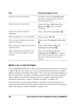 Para                                           Proceda da seguinte forma

Enquadrar outra área da imagem.               Utilizando a ferramenta Enquadramento
                                                 , arraste a imagem até que a área a ser
                                              visualizada fique visível.

Aplicar mais zoom e menos zoom.                Usando a ferramenta Mais zoom         ou
                                               Menos zoom      , clique na janela de
                                               visualização.

Ajustar uma imagem na janela de                Clique no botão Zoom para ajustar          .
visualização

Exibir uma imagem em seu tamanho real          Clique no botão 100%        .

Exibir a imagem corrigida em uma única         Clique no botão Visualização em tela cheia
janela de visualização                            .

Exibir a imagem corrigida em uma janela e a    Clique no botão Antes e depois da
original em outra                              visualização em tela cheia .

Exibir a imagem em uma janela com um           Clique no botão Antes e depois da
divisor entre a versão original e a versão     visualização dividida . Mova o ponteiro
corrigida                                      sobre a linha tracejada do divisor e arraste-a
                                               para mover o divisor para outra área da
                                               imagem.



Ajustar a cor e o tom da imagem
O Corel PHOTO-PAINT oferece filtros e ferramentas para ajustes na cor e no tom das
imagens. Quando você ajusta a cor e o tom, ajusta elementos como matiz, saturação,
brilho, contraste ou intensidade. Para ajustar a cor e o tom de toda imagem, aplique um
filtro de ajuste direto na imagem ou aplique uma lente existente em uma camada de
objeto separada e que pode ser editada sem alterar a imagem original. Para obter
informações sobre lentes, consulte “Trabalhar com lentes” na página 358.
Você ajusta parte de uma imagem editando o tamanho e a forma de uma lente ou
criando uma área editável antes de aplicar um filtro de ajuste. Para obter informações
sobre áreas editáveis, consulte “Mascarar” na página 364.




318                           Guia do Usuário da Suíte de Aplicativos Gráficos CorelDRAW X3
 