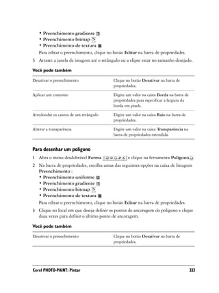 • Preenchimento gradiente
   • Preenchimento bitmap
   • Preenchimento de textura
   Para editar o preenchimento, clique no botão Editar na barra de propriedades.
3 Arraste a janela de imagem até o retângulo ou a elipse estar no tamanho desejado.

Você pode também

Desativar o preenchimento                 Clique no botão Desativar na barra de
                                          propriedades.

Aplicar um contorno                       Digite um valor na caixa Borda na barra de
                                          propriedades para especificar a largura da
                                          borda em pixels.

Arredondar os cantos de um retângulo      Digite um valor na caixa Raio na barra de
                                          propriedades.

Alterar a transparência                   Digite um valor na caixa Transparência na
                                          barra de propriedades estendida.


Para desenhar um polígono
1 Abra o menu desdobrável Forma                   e clique na ferramenta Polígono .
2 Na barra de propriedades, escolha umas das seguintes opções na caixa de listagem
  Preenchimento :
  • Preenchimento uniforme
  • Preenchimento gradiente
  • Preenchimento bitmap
  • Preenchimento de textura
  Para editar o preenchimento, clique no botão Editar na barra de propriedades.
3 Clique no local em que deseja definir os pontos de ancoragem do polígono e clique
  duas vezes para definir o último ponto de ancoragem.

Você pode também

Desativar o preenchimento                 Clique no botão Desativar na barra de
                                          propriedades.




Corel PHOTO-PAINT: Pintar                                                              333
 