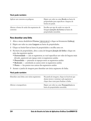 Você pode também

Aplicar um contorno ao polígono             Digite um valor na caixa Borda na barra de
                                            propriedades para especificar a largura da
                                            borda em pixels.

Alterar a forma de união dos segmentos de    Escolha um tipo de união na caixa de
contorno                                     listagem Junções da forma na barra de
                                             propriedades estendida.


Para desenhar uma linha
1 Abra o menu desdobrável Forma                      e clique na ferramenta Linha .
2 Digite um valor na caixa Largura na barra de propriedades.
3 Clique no botão Cor na barra de propriedades e escolha uma cor.
4 Na barra de propriedades, abra a caixa de listagem Junção de linha e clique em
  uma das seguintes opções:
  • Extremidade — une os segmentos; se você especificar um valor de largura mais
   elevado, aparecerá um espaço entre os segmentos unidos
  • Preenchido — preenche os espaços entre os segmentos unidos
  • Redondo — arredonda os cantos entre os segmentos unidos
  • Ponto — faz pontos nos cantos dos segmentos unidos
5 Arraste a janela de imagem para desenhar um único segmento de linha.

Você pode também

Desenhar uma linha com vários segmentos     Na janela de imagem, clique no local em que
                                            deseja iniciar e terminar cada segmento e
                                            clique duas vezes para finalizar a linha.

Alterar a transparência                      Digite um valor na caixa Transparência na
                                             barra de propriedades estendida.




334                         Guia do Usuário da Suíte de Aplicativos Gráficos CorelDRAW X3
 