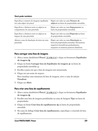 Você pode também

Especificar o número de imagens espalhadas     Digite um valor na caixa Número de
em cada salpico do pincel                      salpicos na barra de propriedades estendida.

Especificar a distância entre os salpicos no   Digite um valor na caixa Espaçamento na
comprimento de uma pincelada                   barra de propriedades estendida.

Especificar a distância entre os salpicos na   Digite um valor na caixa Dispersão na barra
largura de uma pincelada                       de propriedades estendida.

Alterar a taxa de dissolução da tinta em uma   Digite um valor na caixa Dissolução na
pincelada                                      barra de propriedades estendida. Os números
                                               negativos intensificam gradualmente,
                                               enquanto os números positivos dissolvem.


Para carregar uma lista de imagens
1 Abra o menu desdobrável Pincel                       e clique na ferramenta Espalhador
  de imagens .
2 Clique no botão Carregar lista do Espalhador de imagens                na barra de
  propriedades estendida .
3 Escolha a pasta em que a lista de imagens está armazenada.
4 Clique em um nome de arquivo.
  Para visualizar uma miniatura da lista de imagens, ative a caixa de seleção
  Visualizar.
5 Clique em Abrir.

Para criar uma lista de espalhamento
1 Abra o menu desdobrável Pincel                       e clique na ferramenta Espalhador
  de imagens .
2 Escolha uma lista de imagens predefinidas na caixa de listagem Tipo na barra de
  propriedades.
3 Clique no botão Criar lista de espalhamento            na barra de propriedades
  estendida.
4 Na caixa de diálogo Criar lista de espalhamento, especifique o conteúdo da lista
  de espalhamento.


Corel PHOTO-PAINT: Pintar                                                                 339
 