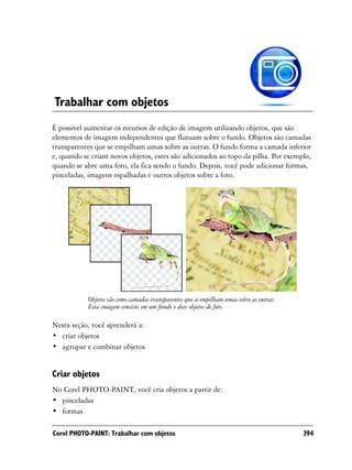 Trabalhar com objetos
É possível aumentar os recursos de edição de imagem utilizando objetos, que são
elementos de imagem independentes que flutuam sobre o fundo. Objetos são camadas
transparentes que se empilham umas sobre as outras. O fundo forma a camada inferior
e, quando se criam novos objetos, estes são adicionados ao topo da pilha. Por exemplo,
quando se abre uma foto, ela fica sendo o fundo. Depois, você pode adicionar formas,
pinceladas, imagens espalhadas e outros objetos sobre a foto.




           Objetos são como camadas transparentes que se empilham umas sobre as outras.
           Esta imagem consiste em um fundo e dois objetos de foto.

Nesta seção, você aprenderá a:
• criar objetos
• agrupar e combinar objetos


Criar objetos
No Corel PHOTO-PAINT, você cria objetos a partir de:
• pinceladas
• formas

Corel PHOTO-PAINT: Trabalhar com objetos                                                  394
 