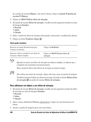 Se a janela de encaixe Objetos não estiver aberta, clique em Janela      Janelas de
      encaixe Objetos.
2 Clique em Web         Editar efeito de ativação.
3 Na janela de encaixe Efeito de ativação , escolha um dos seguintes estados na caixa
  de listagem Estados:
  • Normal
  • Sobre
  • Clicado
4 Edite o estado de efeito de ativação adicionando, removendo e modificando objetos.
5 Clique no botão Finalizar edição          .

Você pode também

Retornar ao estado Normal atual para            Clique em Redefinir.
começar novamente.

Retornar todos os estados de um efeito de       Clique em Web    Extrair efeito de
ativação a objetos simples                      ativação.


           Quando se extrai um efeito de ativação em objetos simples, os objetos que o
           compõem são nomeados automaticamente.
           Não é possível editar dois efeitos de ativação ao mesmo tempo.


           Para editar um efeito de ativação, clique nele duas vezes na janela de imagem.
           Também é possível editar um efeito de ativação clicando no botão Editar efeito
           de ativação na janela de encaixe Efeito de ativação.

Para adicionar um objeto a um efeito de ativação
1 Na janela de encaixe Efeito de ativação, escolha um dos seguintes estados do efeito
  de ativação na caixa de listagem Estados:
  • Normal
  • Sobre
  • Clicado
2 Abra o menu desdobrável Forma                        e clique em uma ferramenta de
  forma.
3 Arraste a janela de imagem para criar uma forma.

418                          Guia do Usuário da Suíte de Aplicativos Gráficos CorelDRAW X3
 
